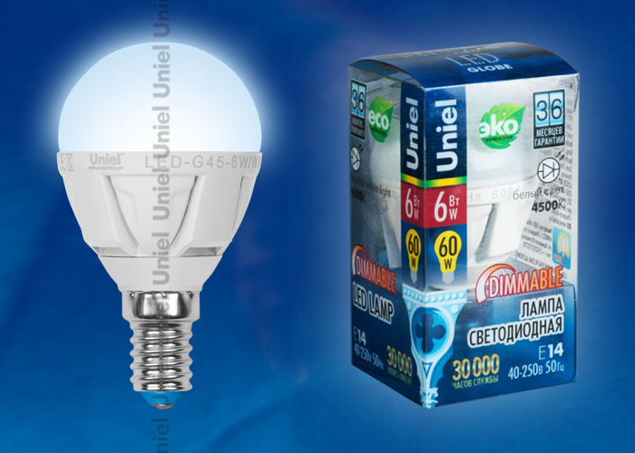 Лампа светодиодная LED-G45-6W/E14/FR/DIM ALP01WH пластик с гарантией 3 года