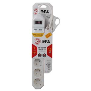 USF-5es-1.5m-USB-W Сетевой фильтр ЭРА (белый) с заземл, 3x0,75мм2, с выкл, 5гн+2USB, 1.5м - купить в Туле