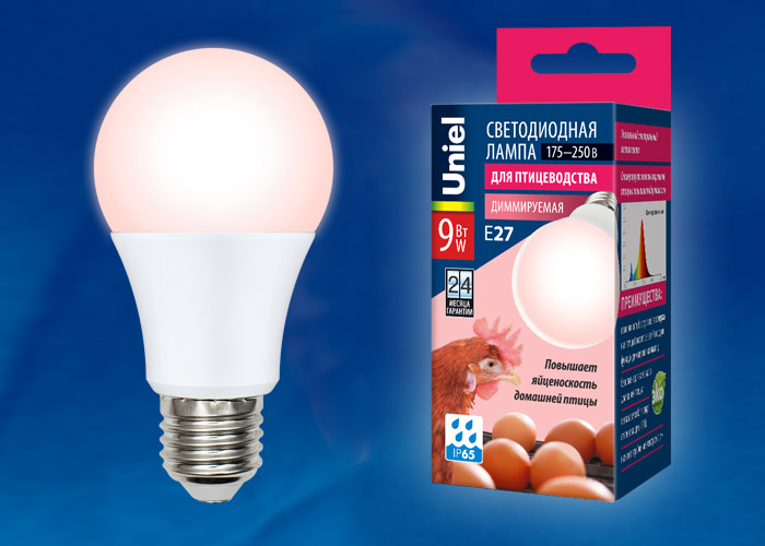 Лампа для птицеводства (повышение яйценоскости) Uniel LED-A60-9W/SCEP/E27/FR/DIM IP65 с гарантией 2 года