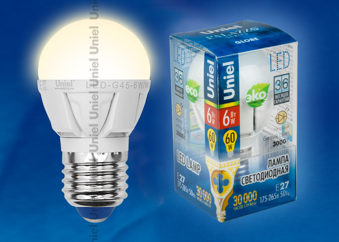 Лампа светодиодная LED-G45-6W/E27/FR ALP01WH пластик с гарантией 3 года