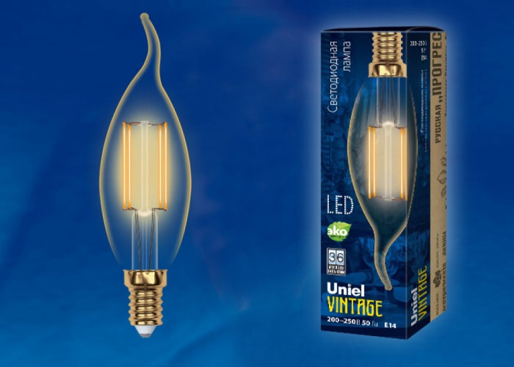 Лампа светодиодная Vintage LED-CW35-5W/GOLDEN/E14 GLV21GO форма «свеча на ветру», золотистая колба с гарантией 