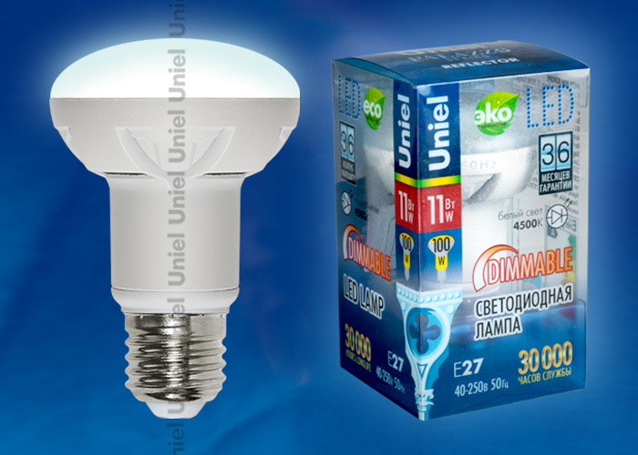 Лампа светодиодная LED-R63-11W/E27/FR/DIM ALP01WH пластик с гарантией 3 года