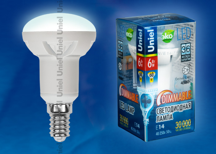 Лампа светодиодная LED-R50-6W/E14/FR/DIM ALP01WH пластик с гарантией 3 года